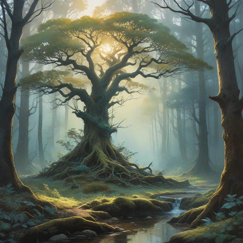 Primeval Forest Sanctuary in Warm Sunlight