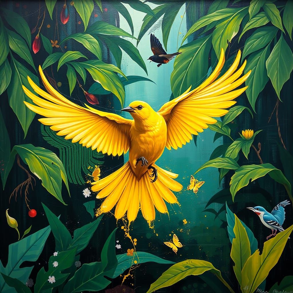 Abstract Bird in Jungle, Blending Realism and Intensity