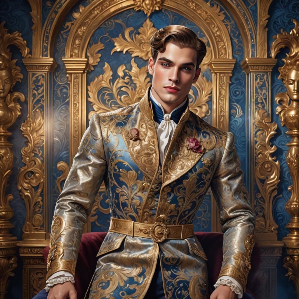 Duke Applying Makeup in Opulent Fantasy Setting