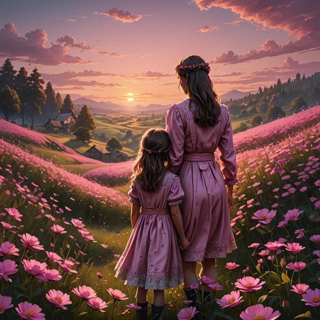 Mother and Daughter in Pink Flower Field at Sunset