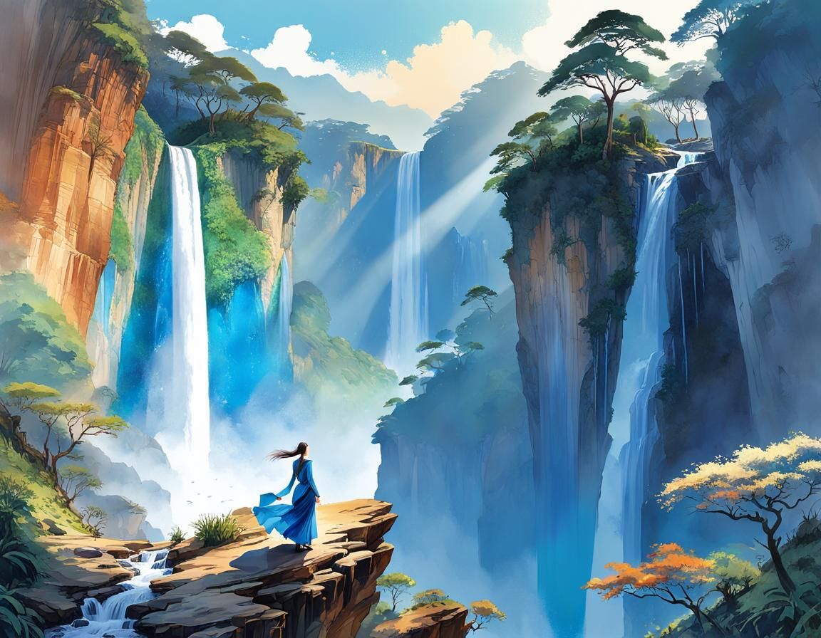 Double Exposure: Woman in Silk at Waterfalls