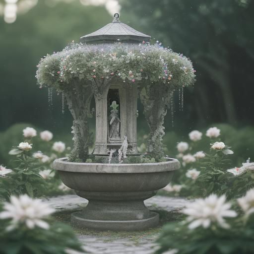 Spiderwebs Adorn Weathered Stone Fountain