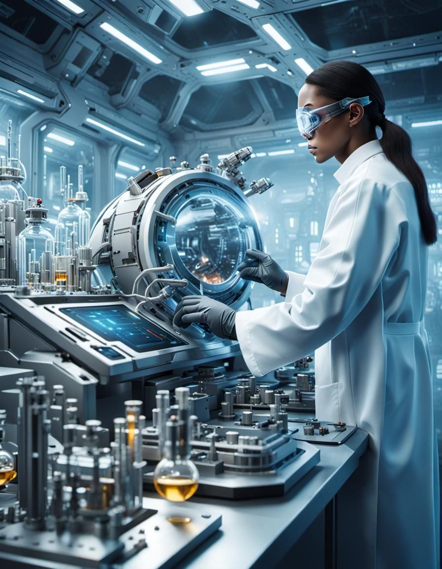 Scientist in Sci-Fi Lab Conducting Chemical Experiment