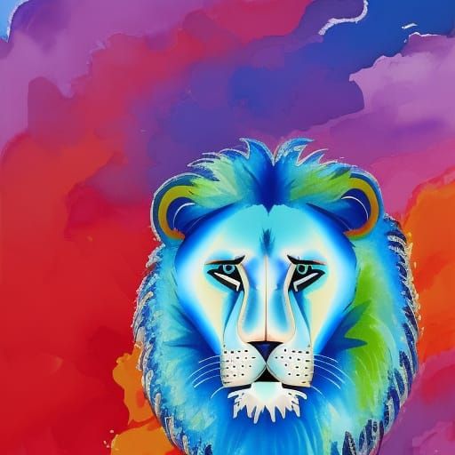 Neon Blue Lion in Gouache Watercolor Style