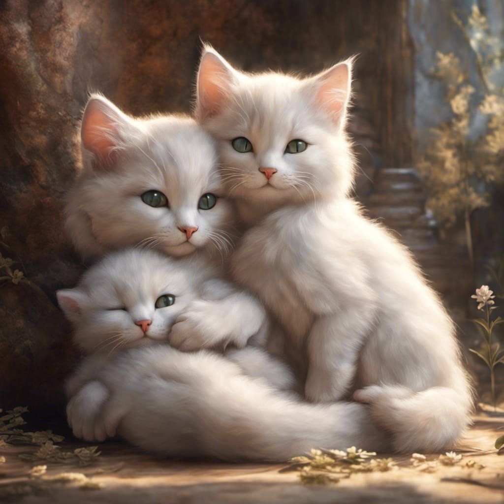 three kittens resting, cuddling each other.