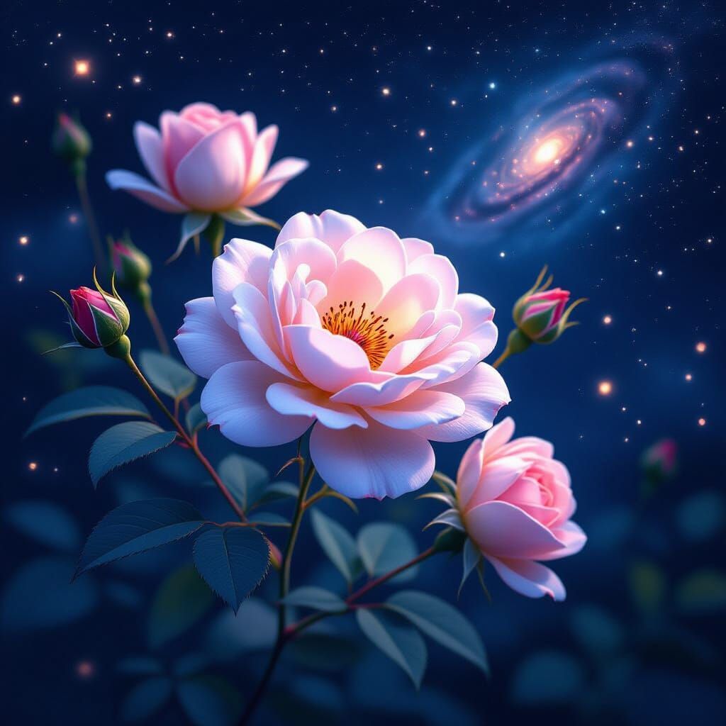 Ethereal Pink Flowers in Starry Night Sky