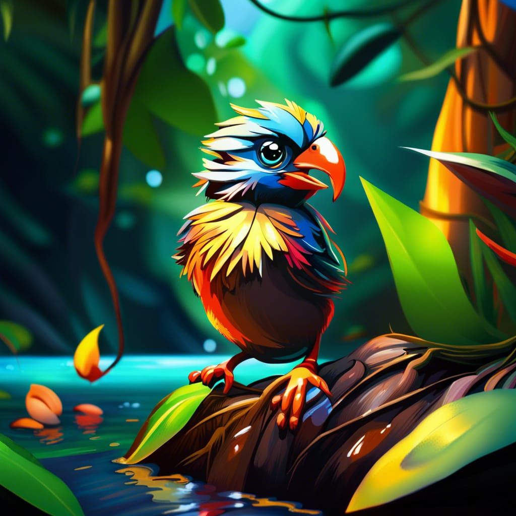 Hyperrealistic Baby Birds in Jungle Splash Art