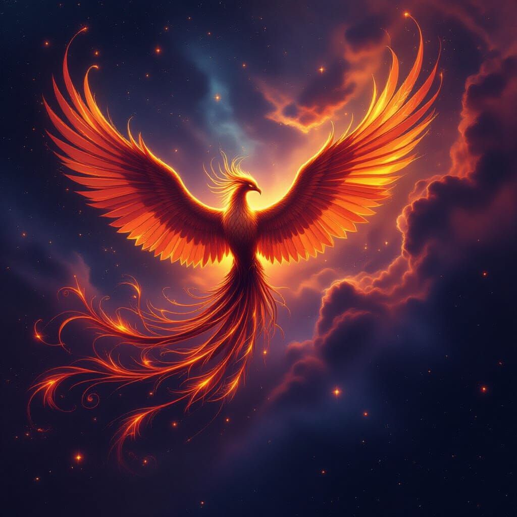 Molten Gold Phoenix Soars Through Cosmic Nebula