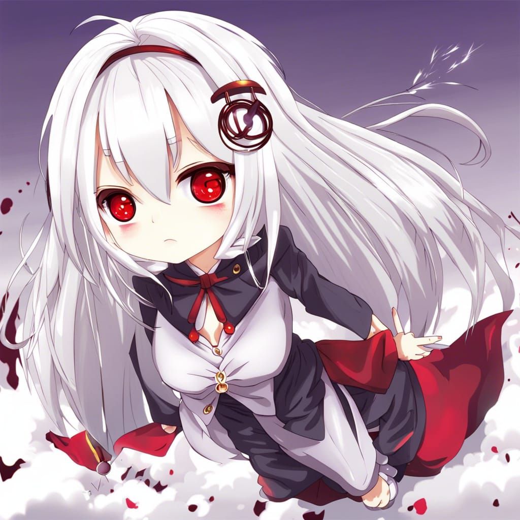 Chibi Anime Girl with White Hair and Red Eyes