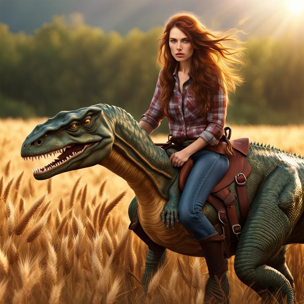 Brunette Rides Raptor Dinosaur in Golden Wheat Field