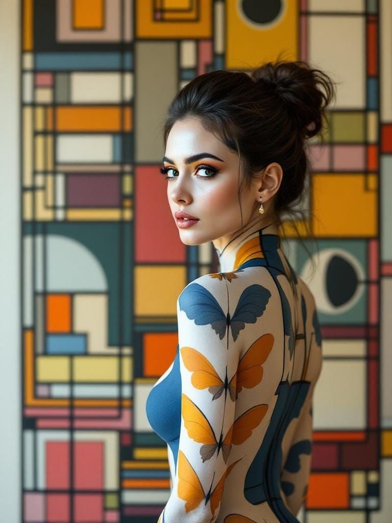 Geometric Body Art: Woman Merging with Wall Design