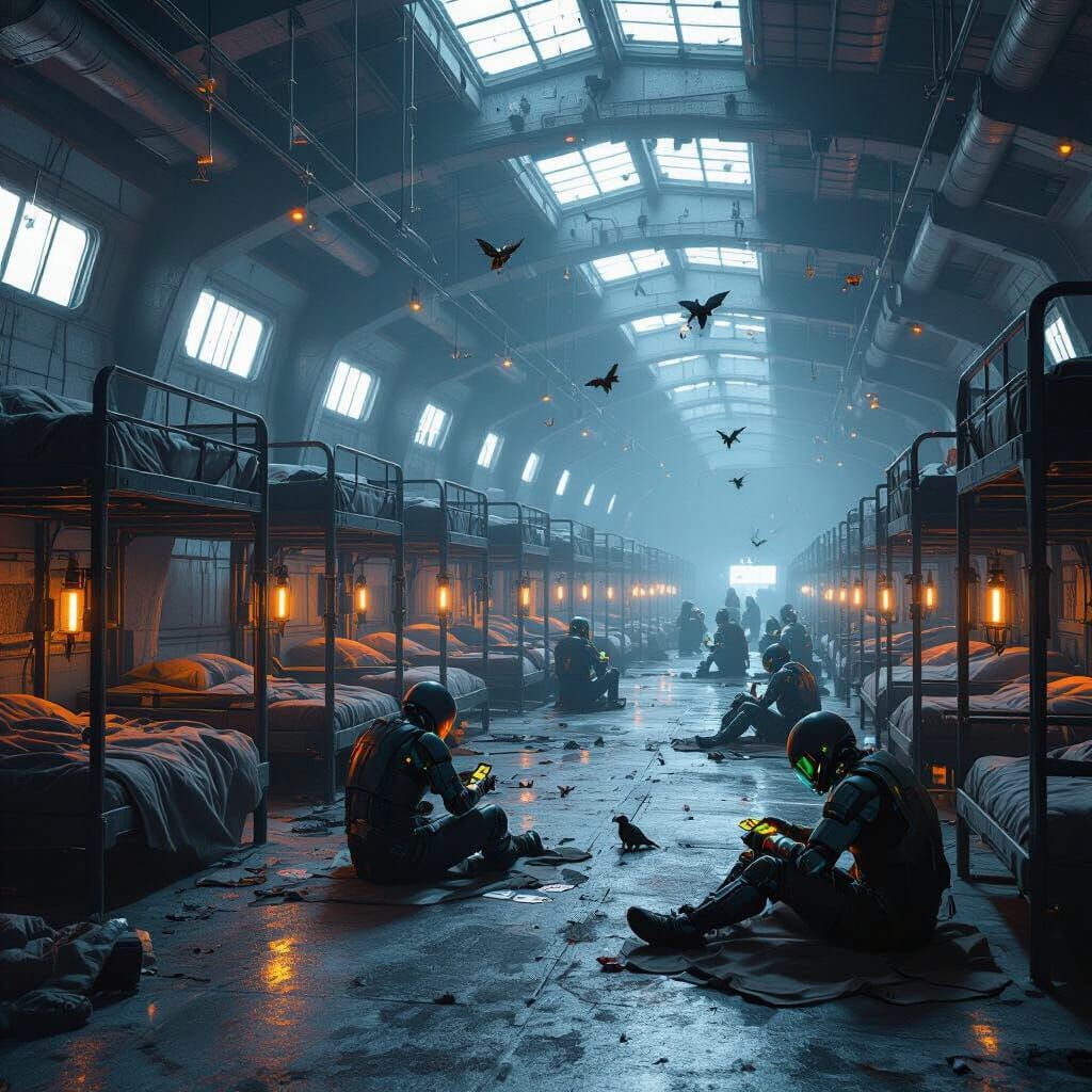 Dystopian Hangar with Bunk Beds and Cyborg Guards