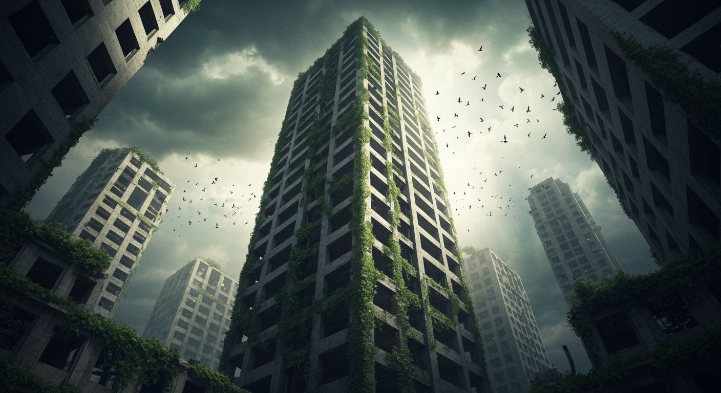 Overgrown Building Between Ruins: Post-Apocalyptic Scene