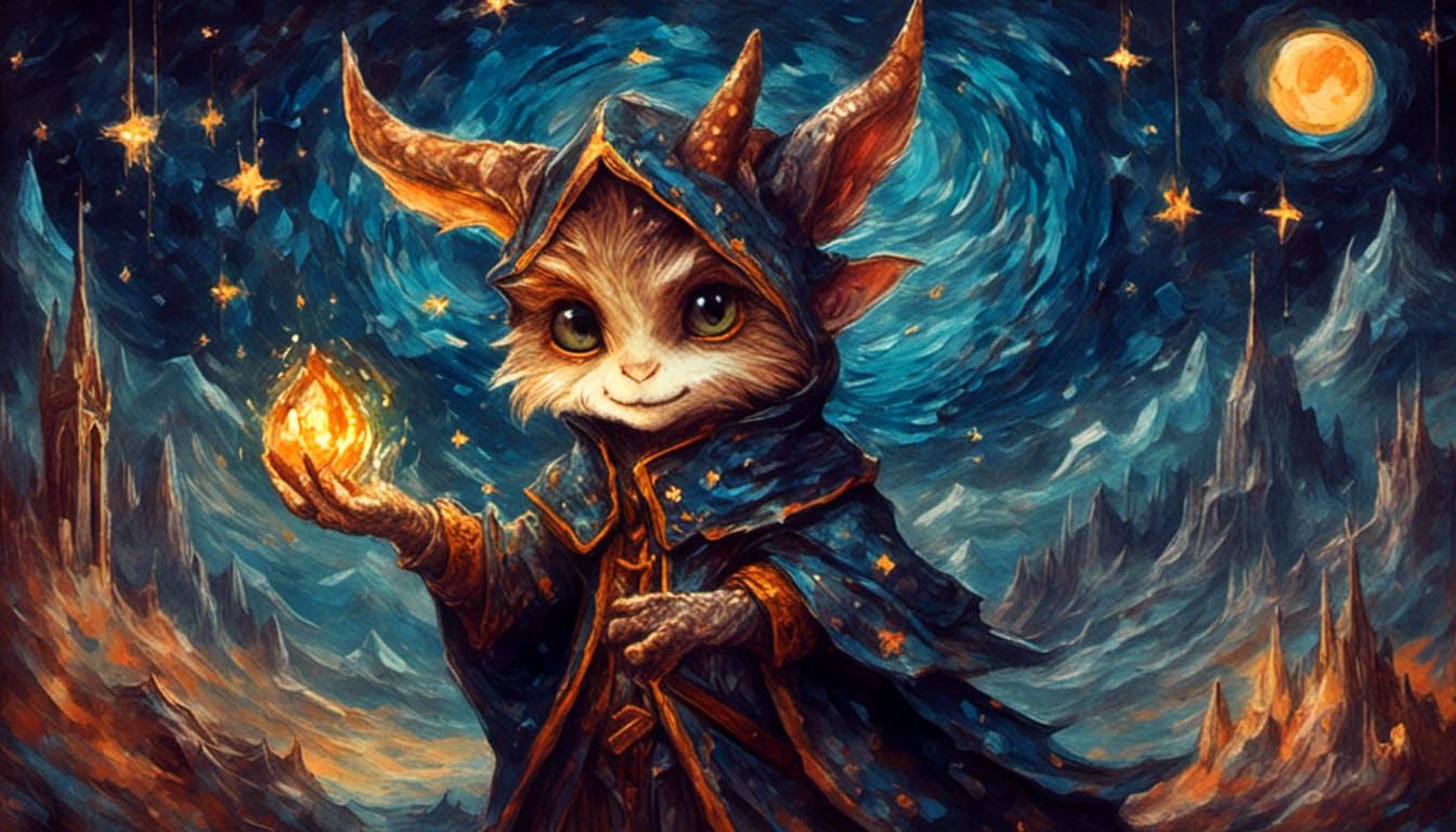 Chibi Dragonborn Wizard in Van Gogh Style