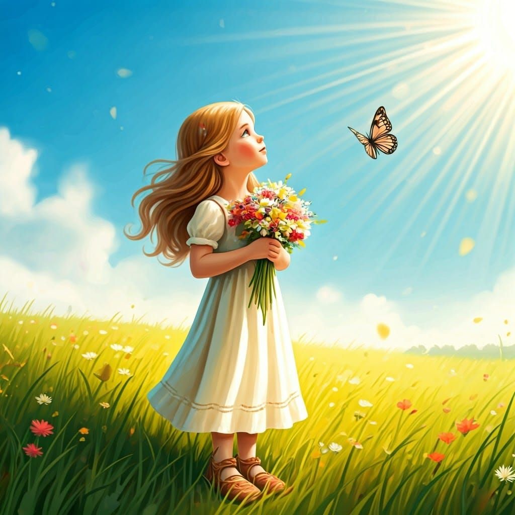 Girl with Flowers in Meadow, Watercolor Illustration