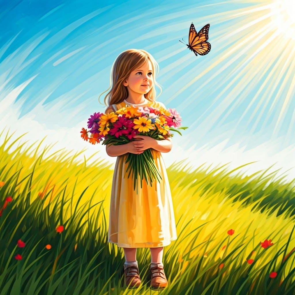 Impressionist Girl with Flowers in Sunny Meadow