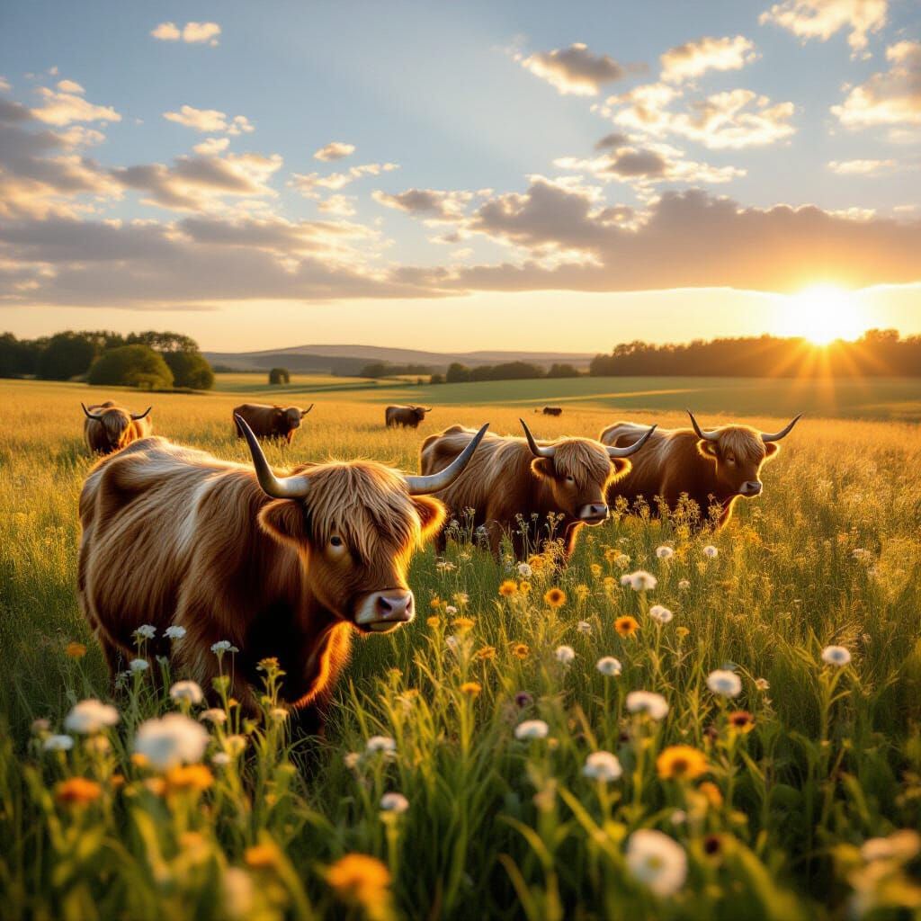 Photorealistic Highland Cows Grazing in Wildflower Field
