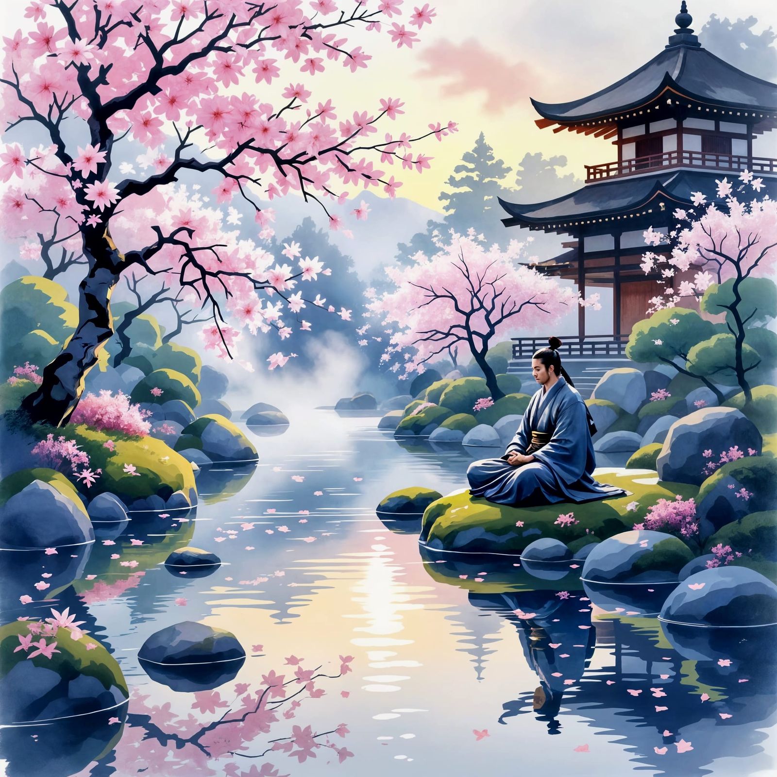 Serene Japanese Garden at Dawn with Meditating Samurai