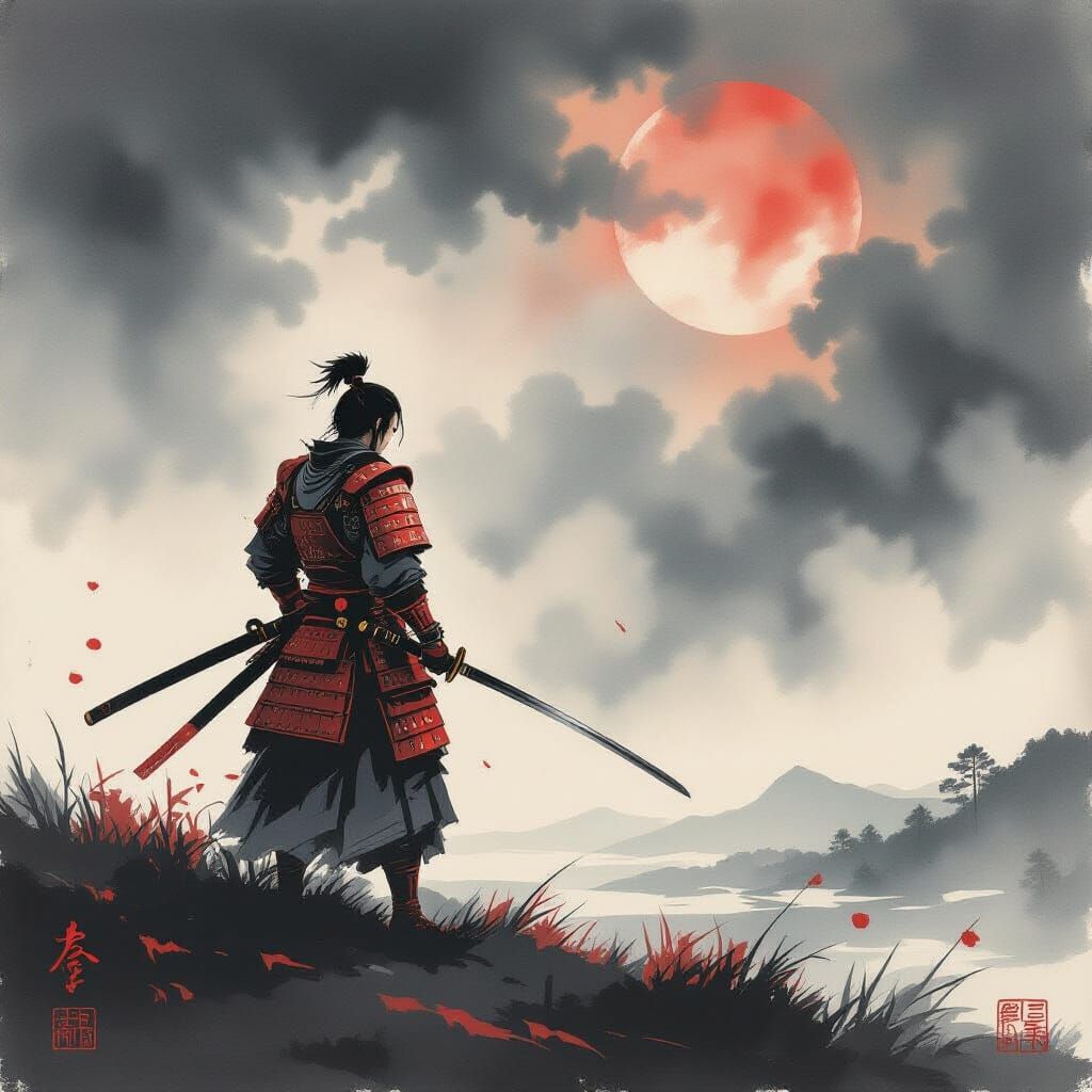 Samurai Warrior on Desolate Battlefield in Sumi-e Style