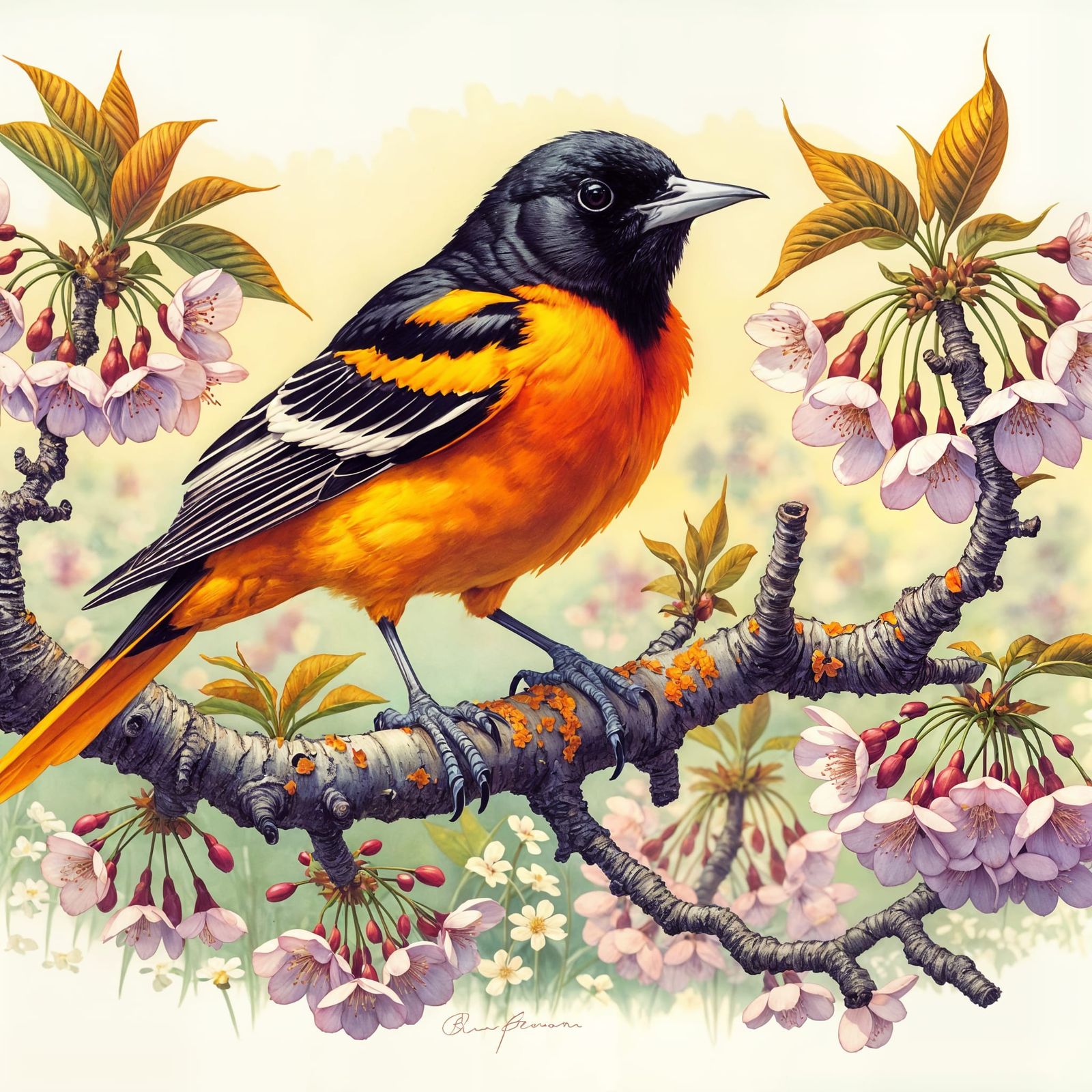 Baltimore Oriole Perched on Cherry Blossom Branch in Pre-191...