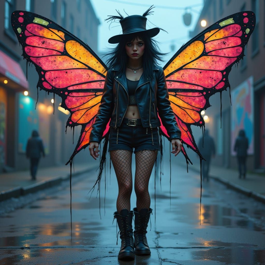 Punk Fairy in Urban Setting with Neon Cyberpunk Style
