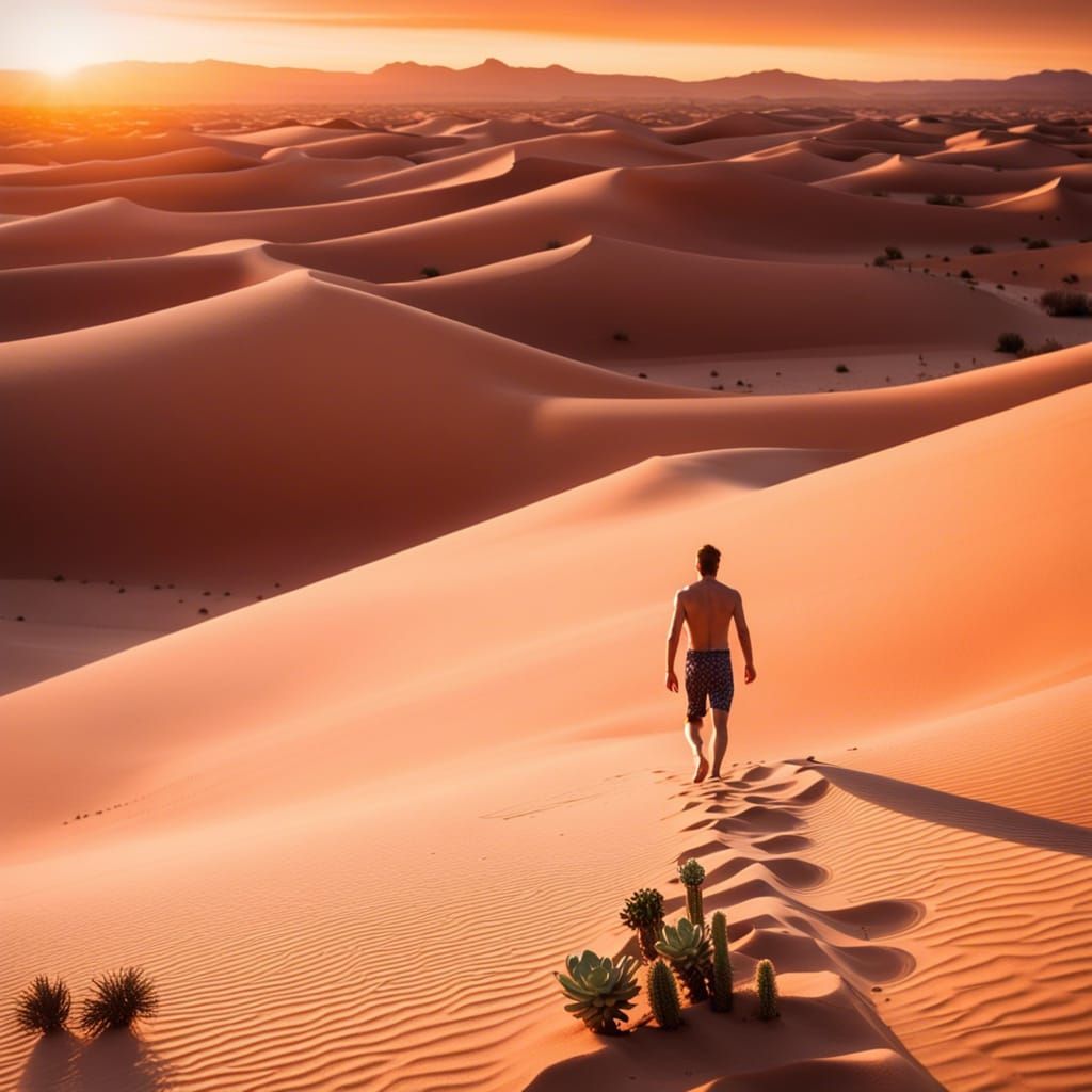 Desert Sunset: Man Walking Among Cacti and Dunes