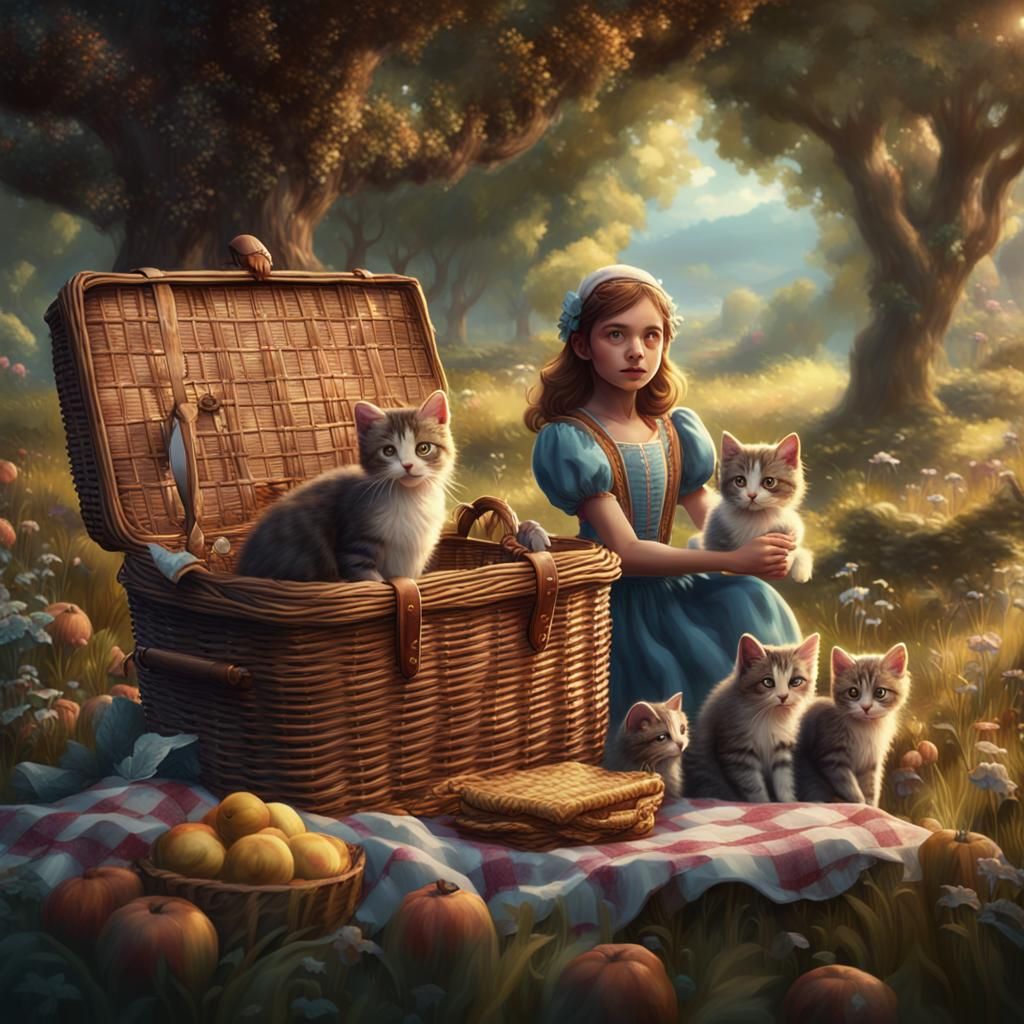 Girl with Kittens in Picnic Basket: Fantasy Art