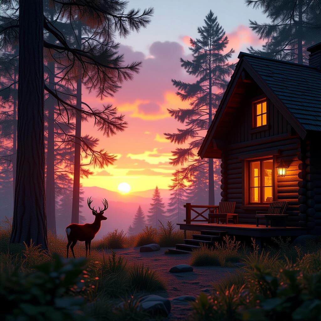Cozy Forest Home at Sunset: 3D Cinematic Art