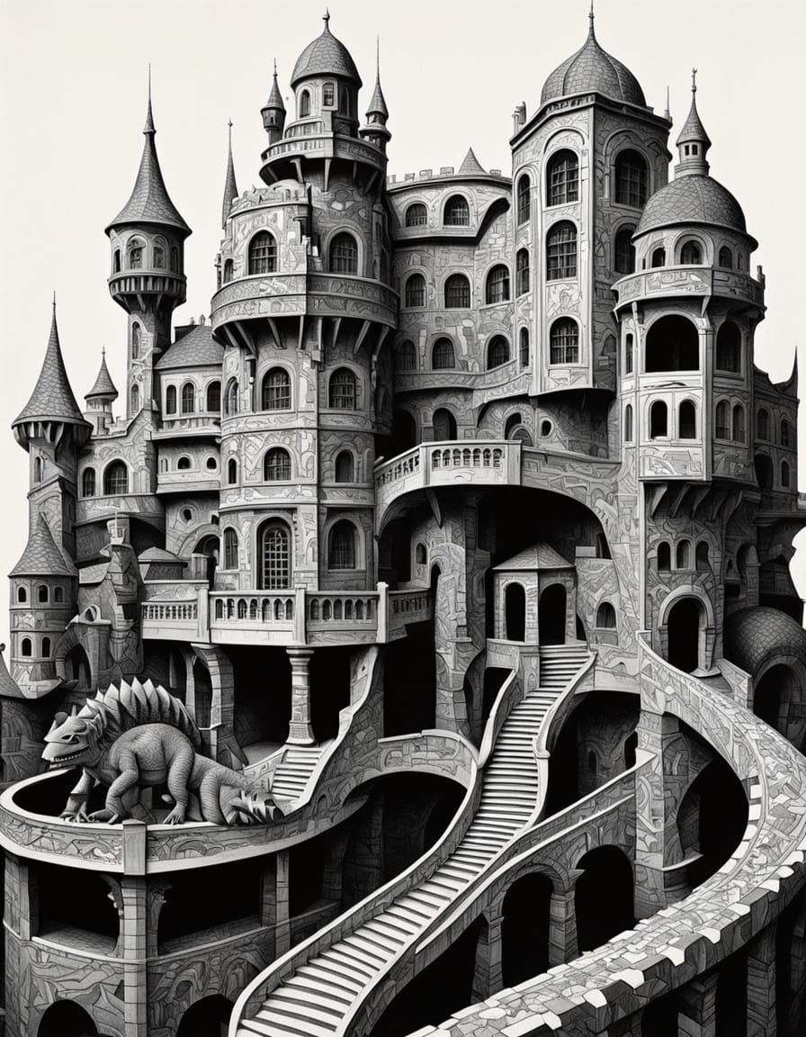 Escheresque Architecture with Dinosaur Shapes in Matte Color...