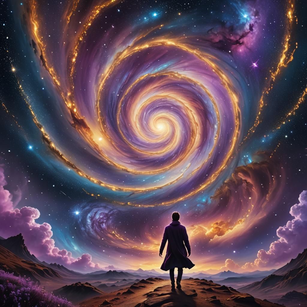 Surreal Figure Enters a Galaxy Vortex