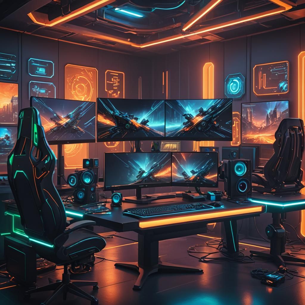 Futuristic Gaming PC Setup with LED Lights