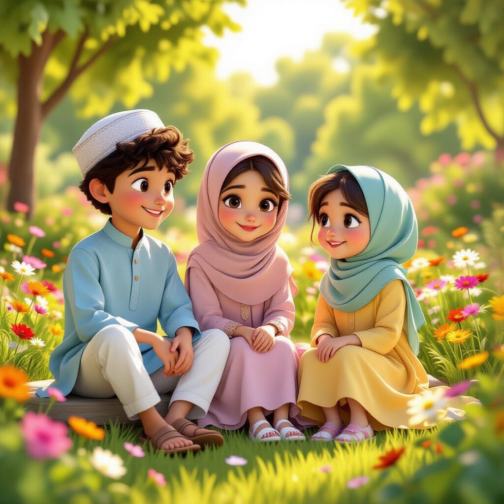 Muslim Siblings Enjoying a Sunny Garden in Pixar Style