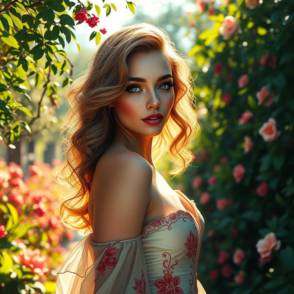 Ethereal Garden Goddess in Vibrant Floral Gown