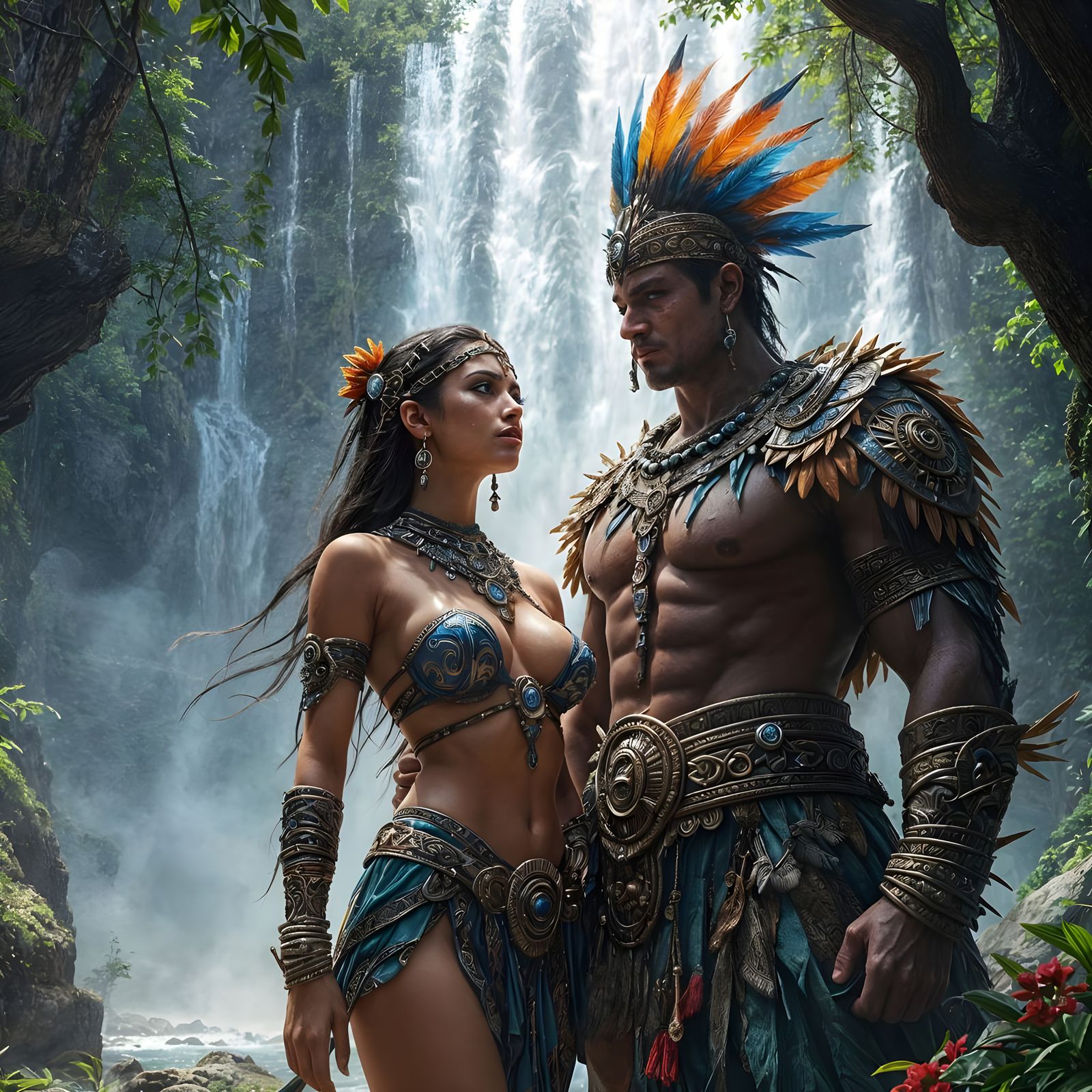 Aztec and Mayan Warriors at Enchanted Waterfall