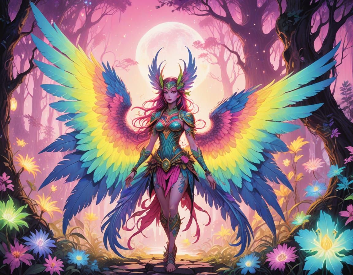 Anime-Inspired Harpy in Vibrant, Glowing Medieval Fantasy