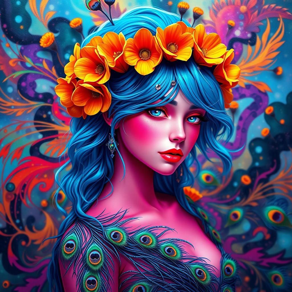 Psychedelic Woman with Peacock Feathers, Digital Art