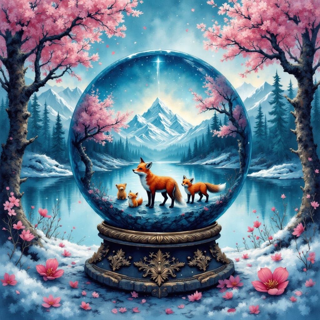 Magical Snow Globe with Foxes in Watercolor Style