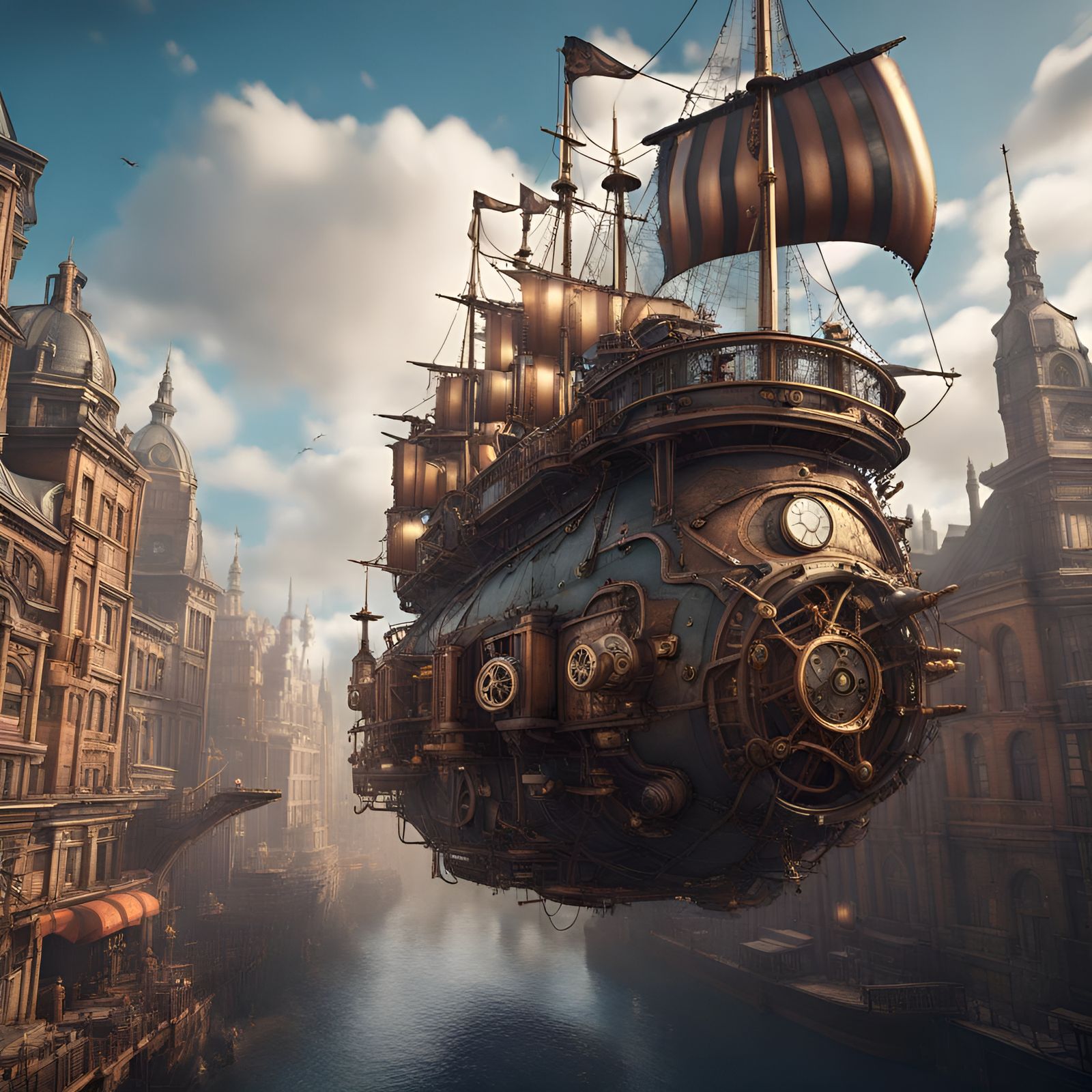 Steampunk Airship Over City: Detailed Matte Painting