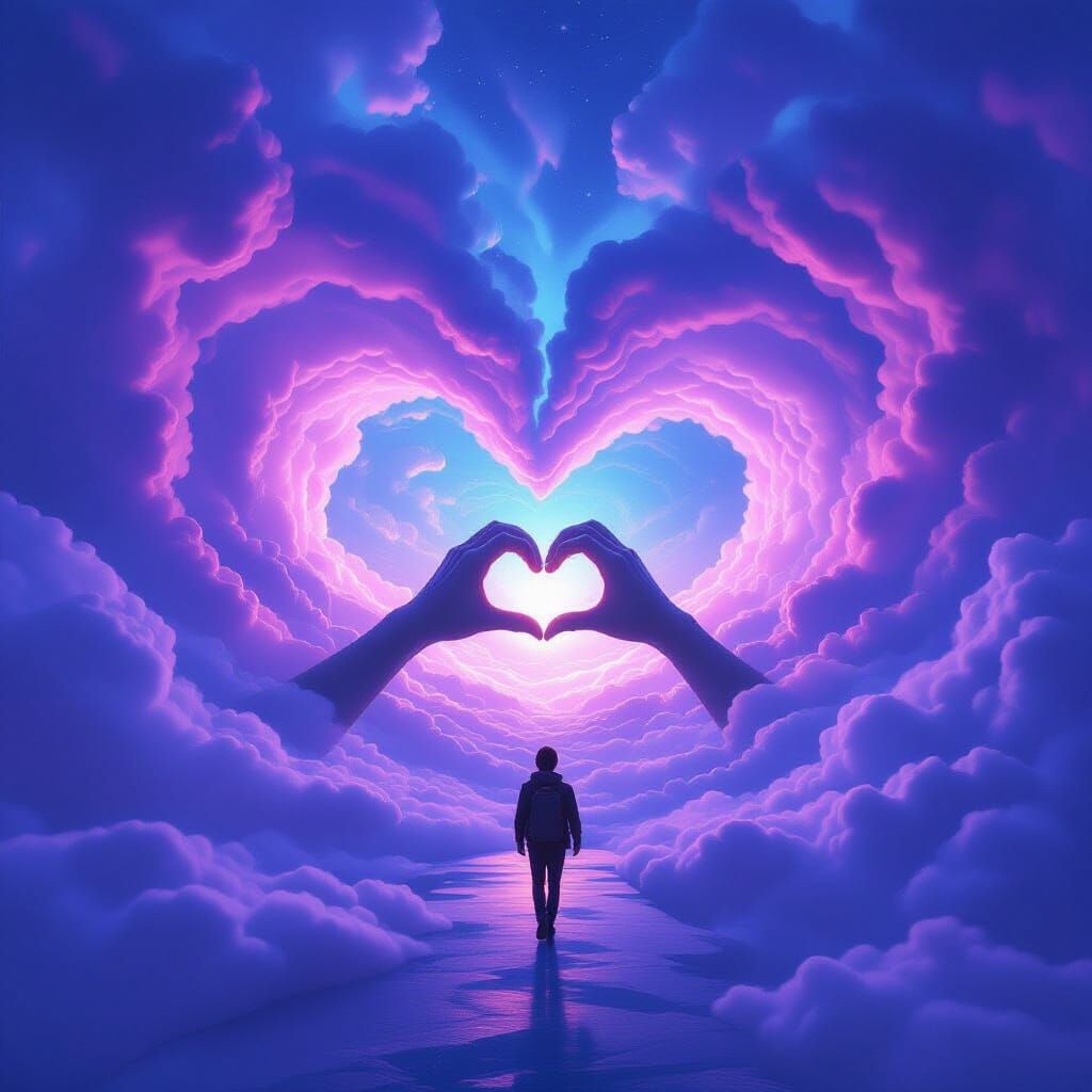 Person Entering Endless Void with Heart Clouds