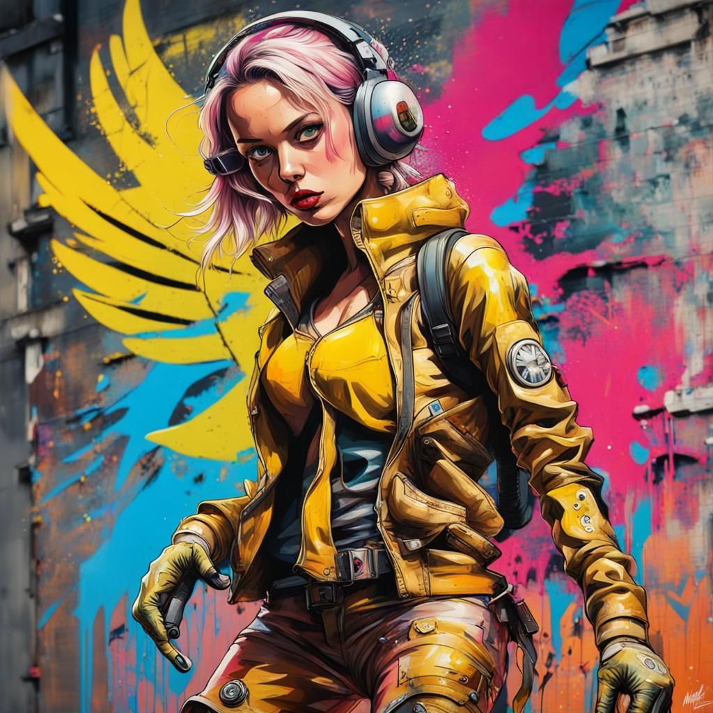 Tank Girl Superhero with Metallic Wings in Graffiti Art