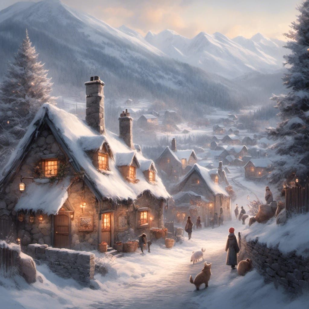 Watercolor Village Scene in Snowy Mountains