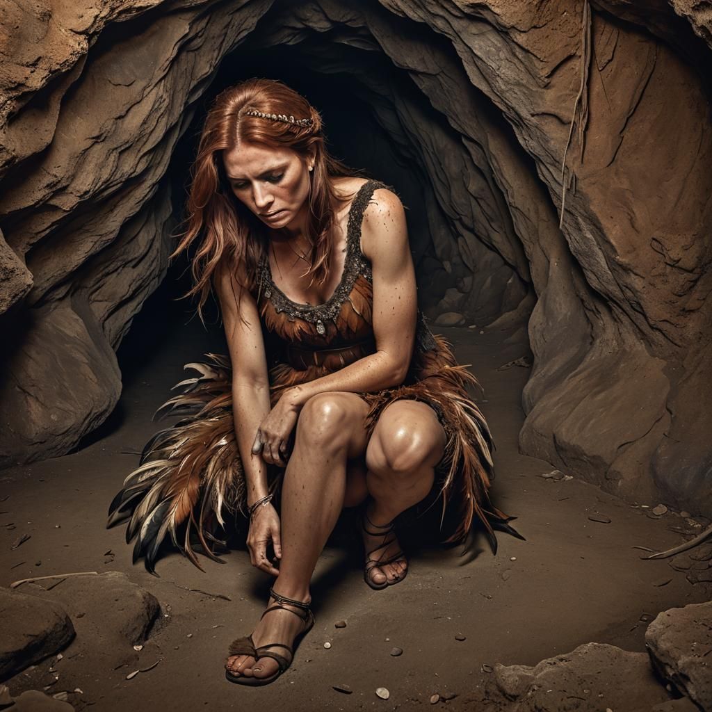 Woman in Feather Dress Crouching in Cave