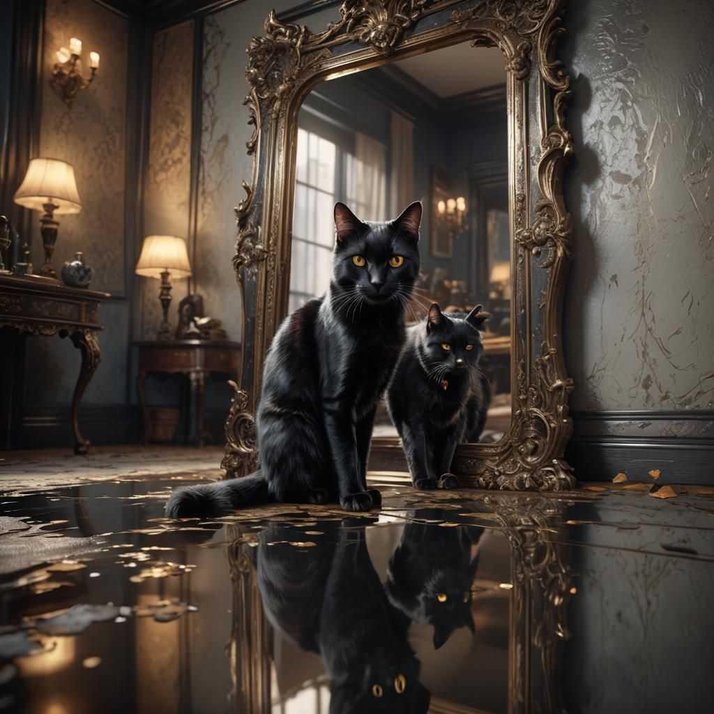 Curious Black Cat Reaching for Reflection