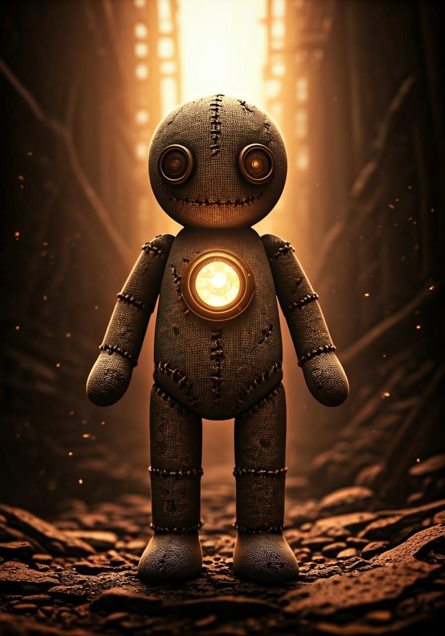 Post-Apocalyptic Burlap Doll in Industrial Ruins