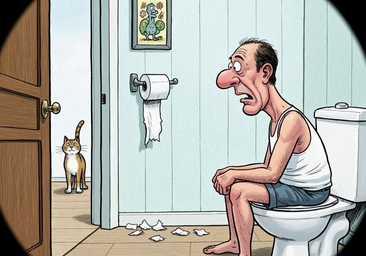 Grotesque Caricature of Man's Toilet Paper Horror