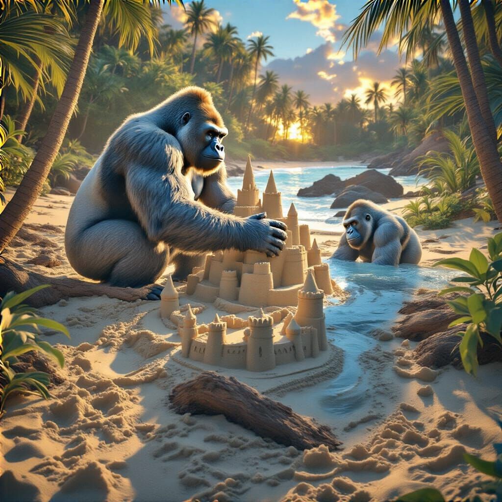 Gorillas Building Sand Castle on Tropical Beach at Sunset