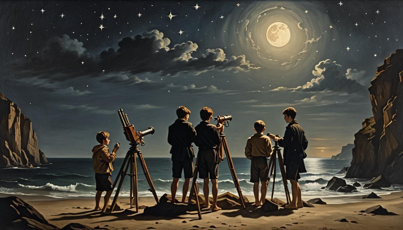 Ethereal Nighttime Scene with Star-Gazing Boys in an Oil Pai...