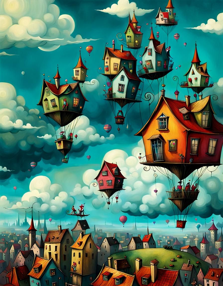 Whimsical Town Floating Among Clouds: Dark Fantasy Illustrat...