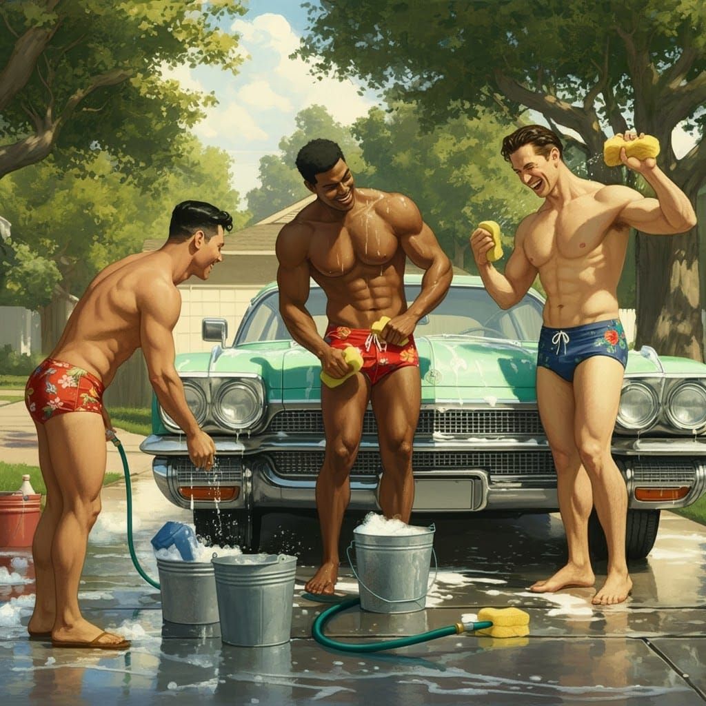 Diverse Men Washing Car in Sunny Americana Scene
