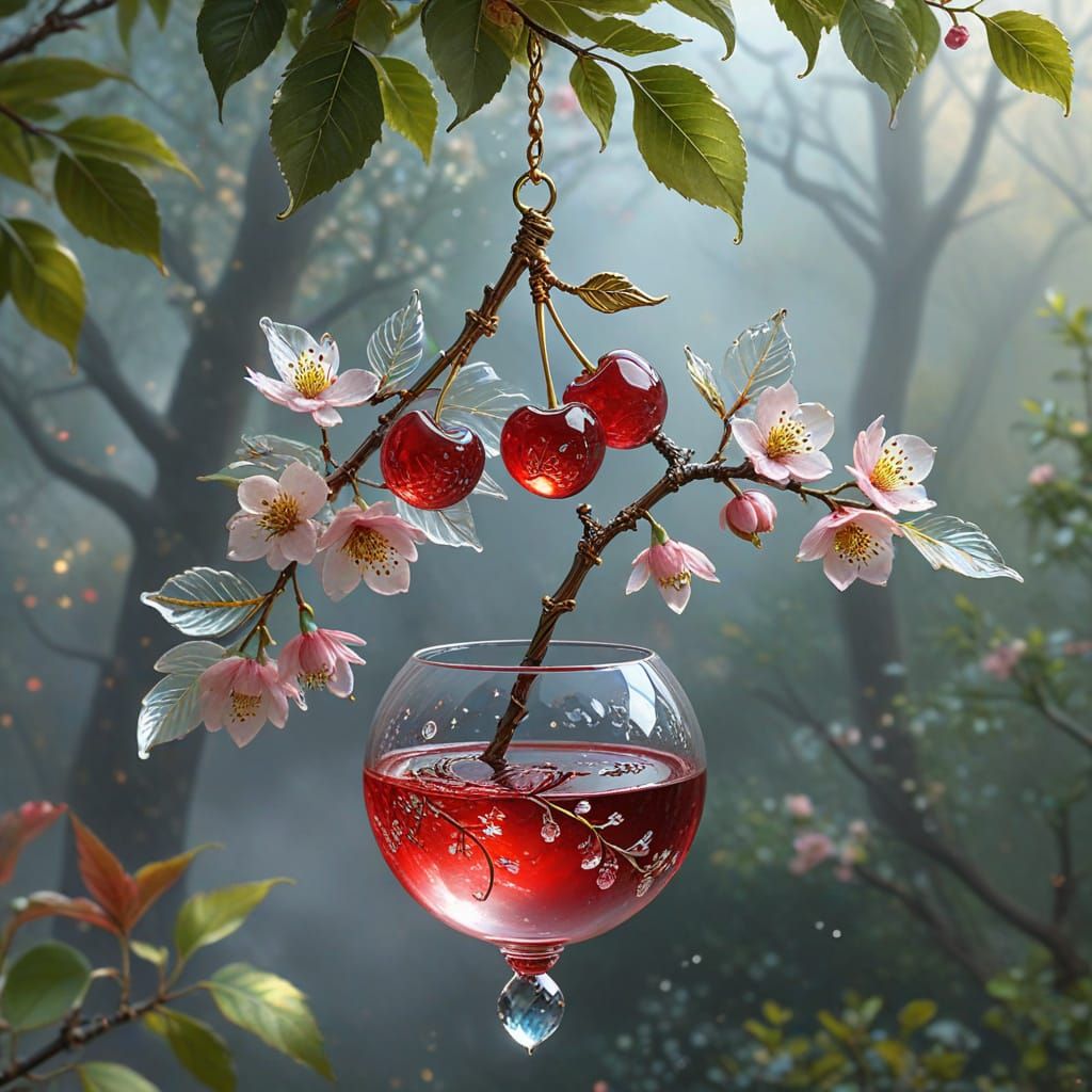 Crystal Cherry with Golden Swirls and Blossoms